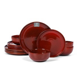 Vicrays Ceramic 12 Pieces Dinnerware Set - Dinner Plates Salad Plates Cereal Bowls Set Service for 4 - Scratch Resistant Microwave Oven Dishwasher Safe - Cherry Red