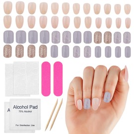 Almond Press on Nails Short Round Fake Chrome Gloss False Nails with Glitter Powder Gloss Designs 2 Colors Full Cover Acrylic Nail Kit Reusable Artificial Stick on Manicure for Women
