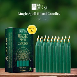 SOUL STICKS Prosperity Magic Spell Chime Taper Candles 20 Pack - Ideal for Altar, Rituals, Ceremonies, Meditation Green Unscented Candle Sticks for Witchcraft Supplies, Wiccan Supplies and Tools