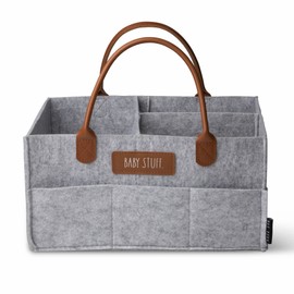 Rae Dunn Organizador de pañales para bebé, organizador de almacenamiento de cosas para bebé, cambiador y coche, cesta portátil para artículos de bebé, regalos de baby shower, fieltro gris con asas de piel, pequeño