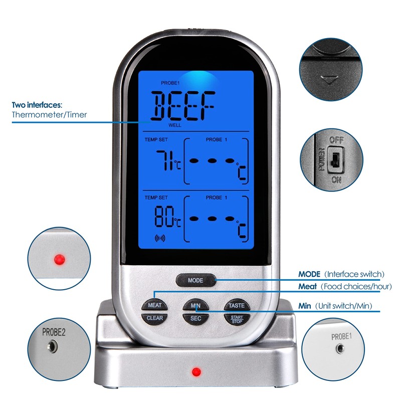 Jayron Wireless Digital Meat Thermometer Kitchen Timer With Dual Probes