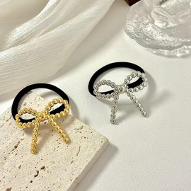 2pcs Metal Hair Ties, Metal Elastic Hair Ties Bowknot Hair Ties Bow Ponytail Holder Gold Silver Hair Ties for Thick Hair Bowknot Hair Scrunchies Elastic Hair Bands Hair Accessories for Women and Girls