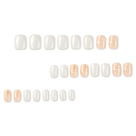 Square Press on Nails Short White Pink Fake Nails with Gold Foil Design Acrylic Nails Full Cover Stick on Nails Glue on Nails for Women 24 Pcs