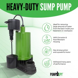 PumpSpy Sump Pump 1/2 HP - Submersible Pump, Water Removal for Basement, Crawl Space Sump Pump Kit, Iron Cast, Strong Suction at 4320 GPH, 10 Lift, 7 Amp Motor with Corrosion & Rust Resistant Housing