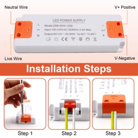 Ultra Thin LED Transformer 60 W, Constant LED Driver, AC 220 V to 12 V 5 A DC, No Flicker, No Noise, Protection Mechanisms Short Circuit, Driver Power Supply for Spotlights, Downlights and Light