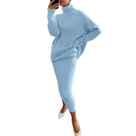 chouyatou Women's Chunky 2 Piece Outfits Turtleneck Knit Sweater and Maxi Bodycon Skirt Sets (Small, Sky Blue)