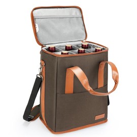 Tirrinia 6 Bottle Insulated Wine Carrier Bag Best Large Travel Cooler Totes with Detachable Divider and Adjustable Strap - Color: Brown
