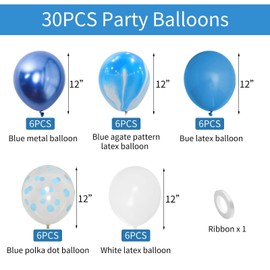 30 Pcs Blue Balloons, Blue Balloons Set with Marble Balloons 12 Inch Agate Blue Birthday Party Balloons for Baby Shower Dino Jungle Birthday Party Decorations Supplies…