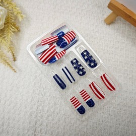 24Pcs Independence Day Press on Nails Medium Square Fake Nails 3D Star & Rhinestones Design False Nails Full Cover Stick on Nails Glossy Acrylic Nails for Women 4th of July Party Parade Nail Art