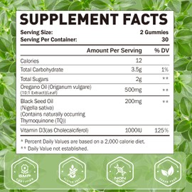 SUGAWITA Oil of Oregano with Black Seed Oil + Vitamin D3 | 3 in 1 Oregano Oil 500mg Gummies for Immune Health | Retains High Concentrated Carvacrol & Thymoquinone | Non-GMO, Vegan | 120 Chewable