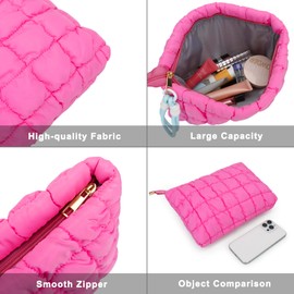 JINSI Travel Makeup Bag Puffer Quilted Cosmetic Bags with Handle Detachable Women Cotton Toiletry Pouch Zipper Storage Organizer Purse Pencil Case (Rose, L)