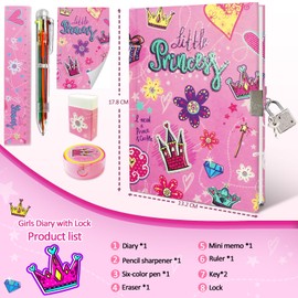 Set Diary Girls, Children's Stationery Gift Set Includes Princess Diary with Lock Notepad Eraser Sharpener Ruler & 6 Colour Pen for Teenagers Boys Notebook Gifts 6-12 Years