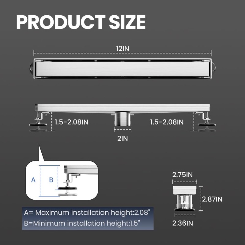 LISEEGO Linear Shower Drain 12 Inch, Shower Drain with 2-in-1