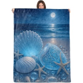Wicked Moonlit Beach Blanket,50x60in,Cozy Flannel Throw with Dreamy Seashell Starfish Ocean Wave Moon Night Sky Design,Soft Lightweight Gifts Blankets for Women,Sofa Bed Travel Nautical Coastal Decor