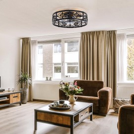 ZYD Caged Ceiling Fan with Light, 20" Ceiling Fan with Lights and Remote Flush Mount, Bladeless Caged Ceiling Fans with Lights, Matte Black Rustic Fan for Bedroom, Kitchen, Dining Room