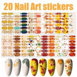 WOKOTO 20 Sheets 280 Pieces Fall Nail Stickers Full Nail Polish Strips Thanksgiving Day Automn Full Nail Wraps Maple Leaf Nail Polish Stickers Self-Adhesive Nail Decal with Nail Files for Women Girls