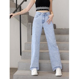 WDIRARA Girl's High Waisted Button Straight Leg Cargo Jeans Denim Pants with Pockets Light Wash 14Y