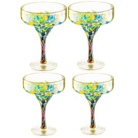Mexican Design Hand Blown Margarita Glass – Set of 4 Luxury Hand Blown Confetti Margarita Glasses 4.5 x 4.5 x 6" (16 oz) by The Wine Savant