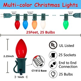 SOTOPOO C7 Vintage Christmas Lights Outdoor Multicolor Christmas Tree Lights, 25FT Colorful Christmas Lights for Home Yard Indoor Outdoor Christmas Decorations, 27Pcs E12 Bulbs (2 Spare Bulbs)