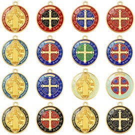 10Pcs 10Colors Metal Enamel Saint Benedict Medal Charm Gold Tone Round Medalla De San Benito Pendants for DIY Necklaces Bracelet Keychain Jewelry Making(1.24Inch)
