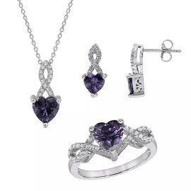 Unique Designs Valentine Gift Silver Jewelry Set Amethyst Heart Pendant, Drop Earrings And Ring