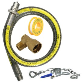 SPARES2GO Universal Oven Cooker Gas Supply Pipe Hose, PTFE Tape, Safety Chain & Angled Connector Kit (3ft 1/2 inch, Straight Bayonet, BS EN14800 CE)