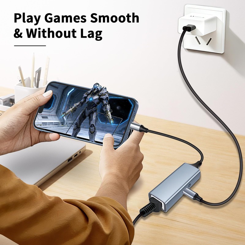 [MFi Certified] Lightning to Ethernet Adapter with Charging Port, 2-in-1