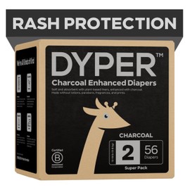 DYPER - Charcoal Enhanced Day & Overnight Disposable Baby Diapers - Made with Plant-Based* & Skin-Friendly Ingredients, Hypoallergenic for Sensitive Skin - Size 2, (56 Count)
