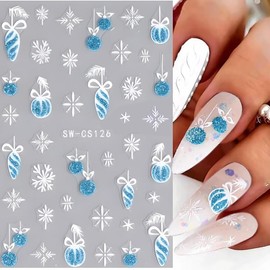 Christmas Nail Stickers, Cute Snowflake Nail Decals 3D Self-Adhesive Blue White Snowmen Bell Xmas Tree Reindeer Winter Nail Design Holiday Nail Art Decoration for Women Girls(6Sheets)