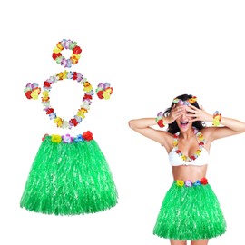 JEOPKO Hawaiian Fancy Dress, Hawaiian Hula Skirt Costume Set, 40cm Grass Skirts with Flowers Bracelets Headband Necklace Hula Set for Fancy Dress Supplies Summer Beach Tropical Party Decorations