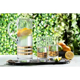 Glass Pitcher with handle Straight Sided, Handmade, With Spout, Three Gold Horizontal Stripes- Ice Lip, 50 oz. 11" H, by Barski - Made in Europe