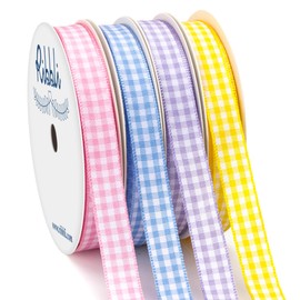Ribbli 4 Rolls 3/8 Inch Gingham Ribbon,Total 40 Yards,100% Polyester Woven Edge,(Lt.Pink/Lt.Blue/Lt.Purple/Yellow),Easter Ribbon,Check Ribbon Use for Baby Shower,Gift Wrapping