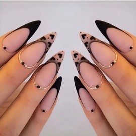 Valentine's Day Press on Nails Almond Medium Black French Tips Fake Nails Black Heart-shaped Valentine's Day Love Acrylic Full Cover Glue on Nails for Women Valentine's Day Decor