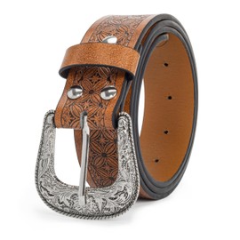 CaySep Adjustable Vintage Western Belt for Women Men Engraved Metal Buckle Cowboy Cowgirl Belt for Waist from 78 to 96 cm, brown
