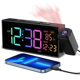Netzu Projection Clock for Bedroom Ceiling, Alarm Clocks with 180° Rotatable Projector, Date Temperature and Weekday, Manual DST, 5 Brightness, 10 Ringtones, 4 Volumes and Snooze (RGB)