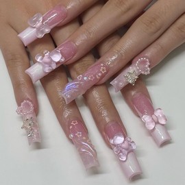 Pink French Tip Press on Nails Long Square Aritifical Acrylic Fake Nails with Small Bear Bow Tie Stars Pearl Design Full Cover Coffin False Nails Nature Fit Stick on Nails Kit Glue on Nails for Women