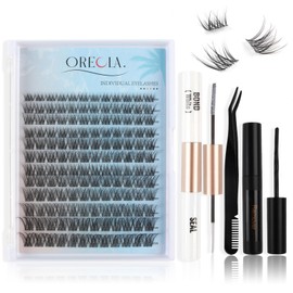 Oreola Cluster Eyelash Set Individual Eyelashes Natural D Curl 8-16 mm Wispy Eyelash Extensions Wide Base 144 Pieces Invisible Transparent Individual Eyelashes with Bond&Seal Remover Tweezers