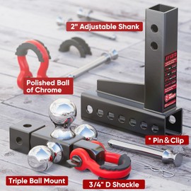 Ayleid Trailer Hitch Tri-Ball Mount with Hook&Pin&Rotatable Tow Shackle,Fits 2-in Receiver with 1-7/8-in,2-in,2-5/16-in Hitch Ball, Adjustable with Shackle
