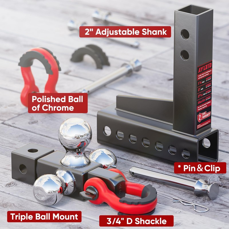Ayleid Trailer Hitch Tri-Ball Mount with Hook&Pin&Rotatable Tow Shackle,Fits 2-in