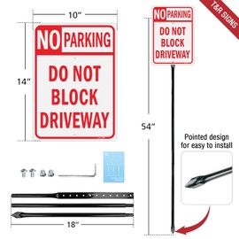 T&R Large No Parking Sign Do Not Block Driveway Sign with 54" Stake - 14"x10" .040 Rust Free Aluminum, Reflective, Waterproof and Fade Resistant, 2 pre-drilled holes, Includes Matching Screws & Wrench, Easy to Mount