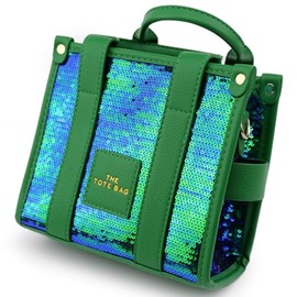 Retro 80s Iridescent Square Sequin Handbag Tote Party Evening Detachable Strap Shine Fashion Sequin clutch bag (Green)