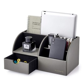 Vlando Desk Organiser with Drawer, Leather Office Stationery Desk Tidy Organiser, Multifunctional Desktop Pen Organizer,Remote Control Holder