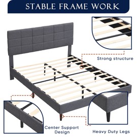 Queen Size Platform Bed Frame with Fabric Upholstered Headboard and Wooden Slats, No Box Spring Needed/Easy Assembly, Grey