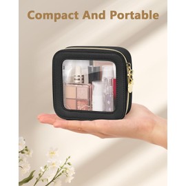 Soimeat Clear Makeup Bag, Portable Travel Cosmetic Bags, Multipurpose Leather Toiletry Bag with Zipper, Waterproof Transparent Cosmetic Organizer for Women, Mini, Black