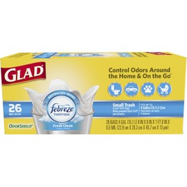 Glad Small Trash Bags 4 Gallon, Febreze Fresh Clean Garbage Bags, Odor Resistant with Quick Tie, 26 Count