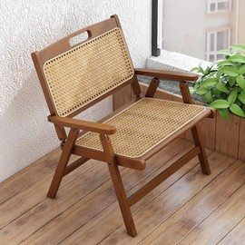 Cairsayo Rattan Folding Chair, with Cushion, Modern Mid Century Leisure Chairs Set of 1, Comfy Outdoor Bamboo Chairs for Bedroom Living Room Reading Room