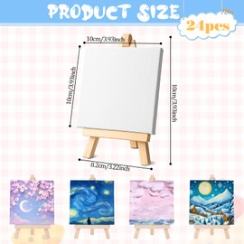 JJUNW 24 Pack Small Painting Canvas with Mini Easel, 4 x 4 Inch Mini Canvases with Easel Sets Art Canvases Painting Kit with Wood Display Easels for Adults & Kids Party Classroom Crafts