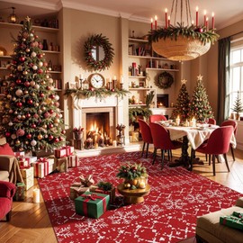 Christmas Area Rugs 8x10 for Living Room Red Snowflake Plaid Decorative Modern Rug Holiday Decor Geometric Non Slip Rug Washable Carpet for Bedroom Dining Room