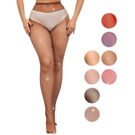 Initlove Rhinestone Fishnets Sparkle Mesh Stockings High Waist Tights Pantyhose for Women Coffee