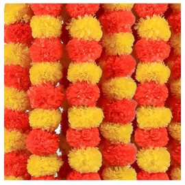 zig zag Artificial Marigold Garland (5pcs Pack) - Ideal for Weddings,Birthday, Christmas Decorations, and Diwali Celebrations, Faux Garlands 5 Strings - 4.5-5 Ft Long (Yellow & Dark Orange)